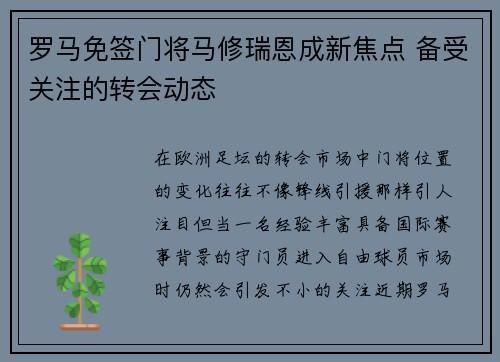罗马免签门将马修瑞恩成新焦点 备受关注的转会动态